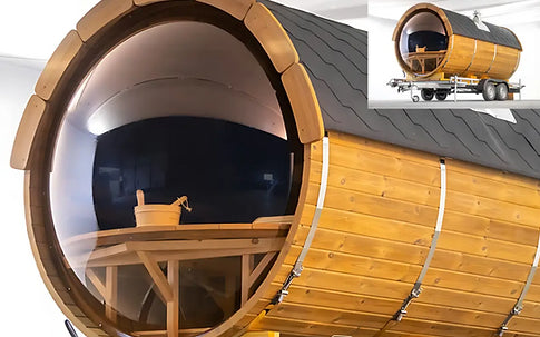 4.5m Panoramic Globe Barrel Sauna With Changing Room & Trailer